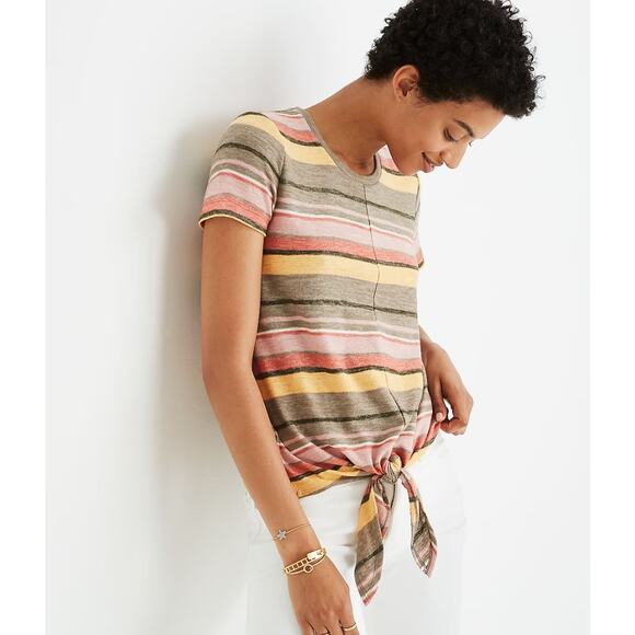 Madewell Texture & Thread Modern Tie-Front Top in Kieran Stripe Crew Neck Top S - Picture 2 of 6